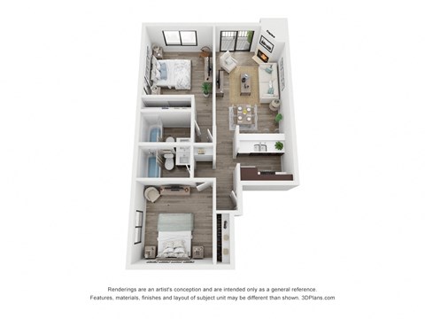 Floor plan for 2 beds, 2 baths, 821 sqft